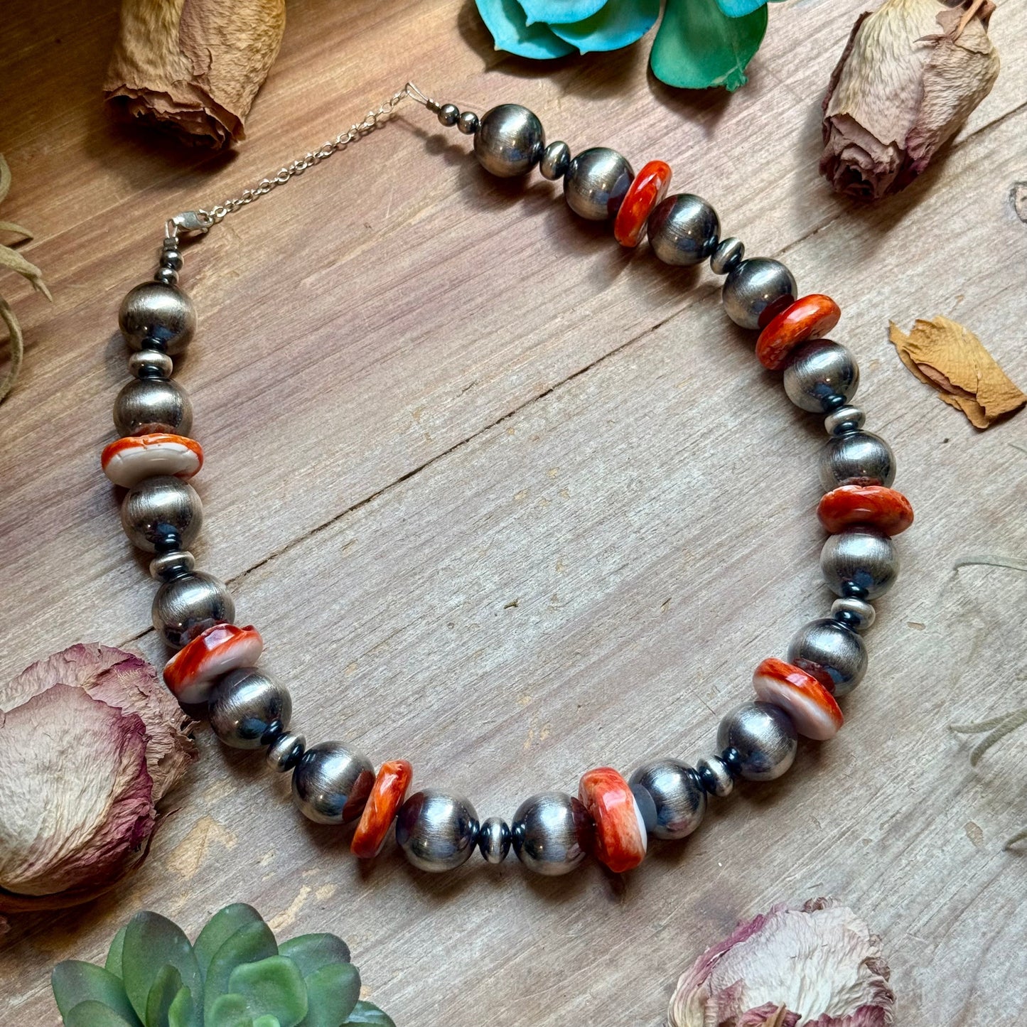 Orange Spiny Oyster & Sterling Silver Pearl Necklace