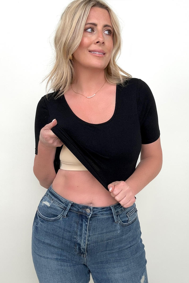 Fawnfit Basic Ribbed Fitted Tee with Built In Bra