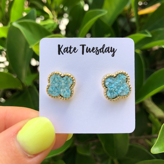 Glitter Blossom Stud Earrings - Light Blue