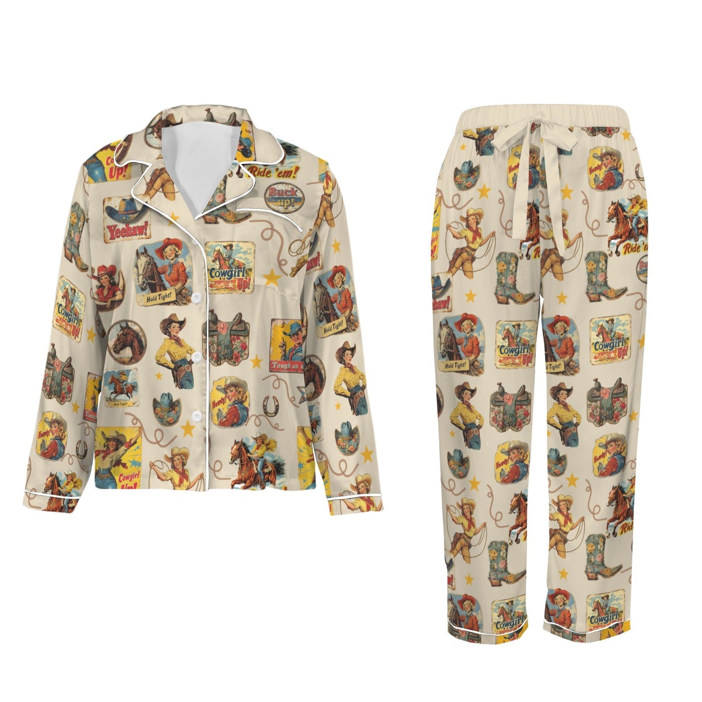 Baha Ranch Vintage Cowgirl Collage Western Rodeo Satin Pajamas