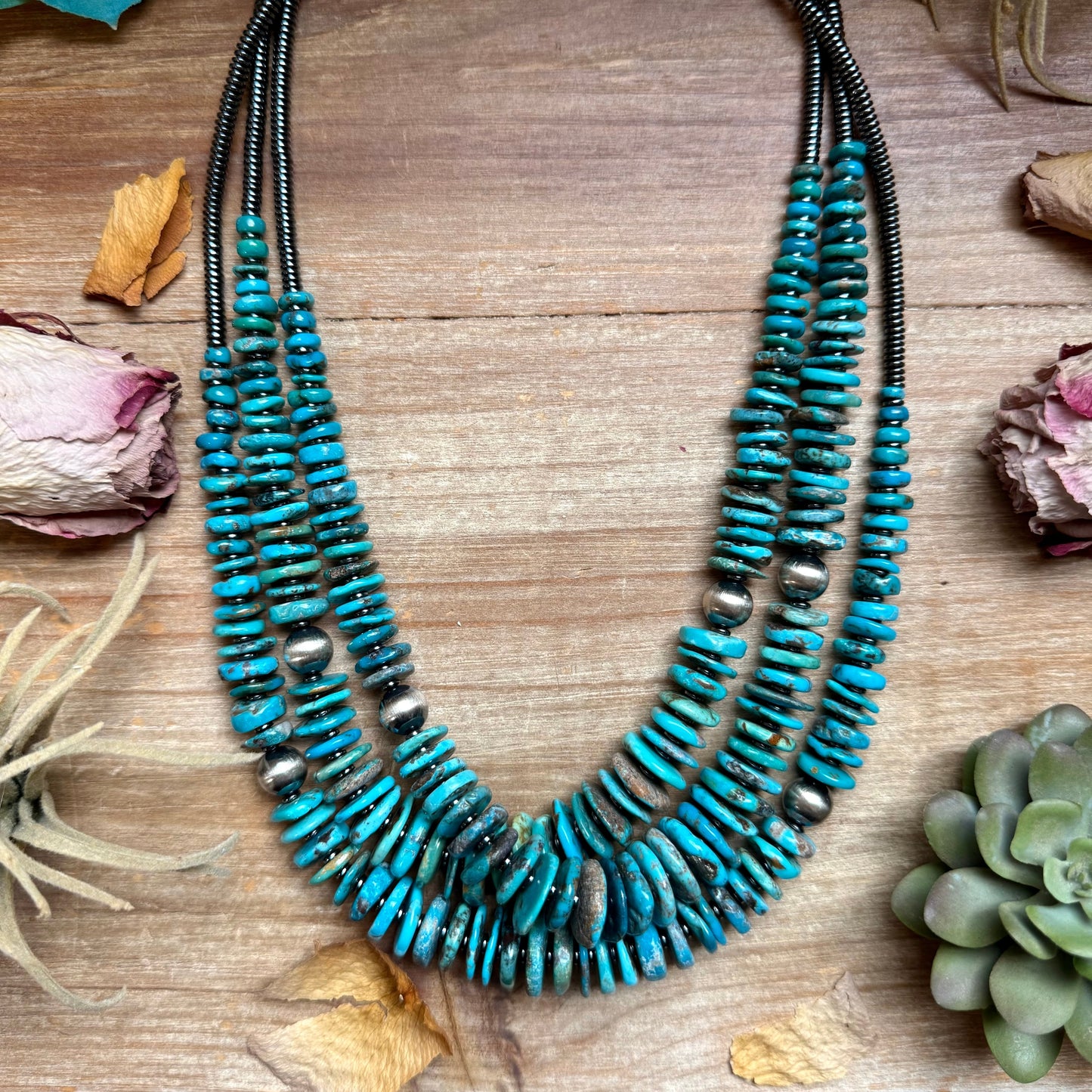 Dark Blue Turquoise Graduated Necklace with Hematite & Sterling Silver Accents – 23”