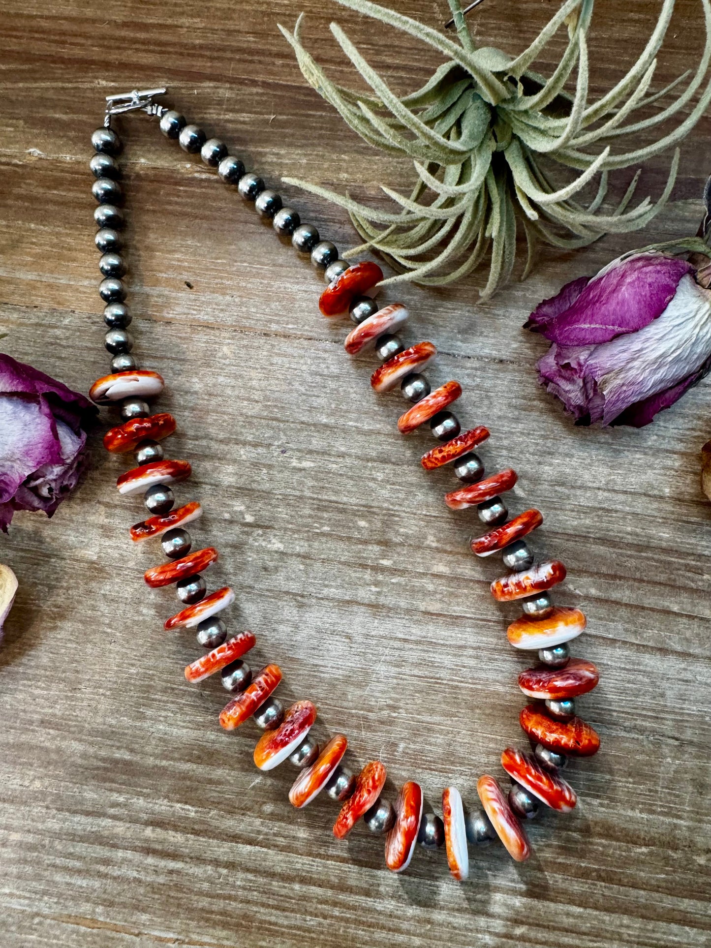 NFR Collection Necklace – 8mm Sterling Silver Pearls with 16mm Spiny Oyster Rondelle – Handmade by The Bijoux FAB – 20"