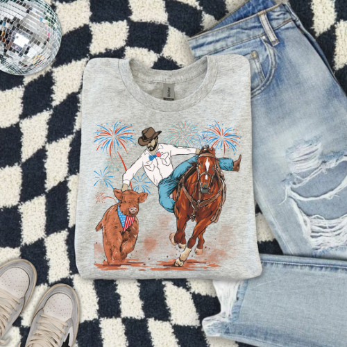 Steer wrestling Fourth of July sublimation T-shirt