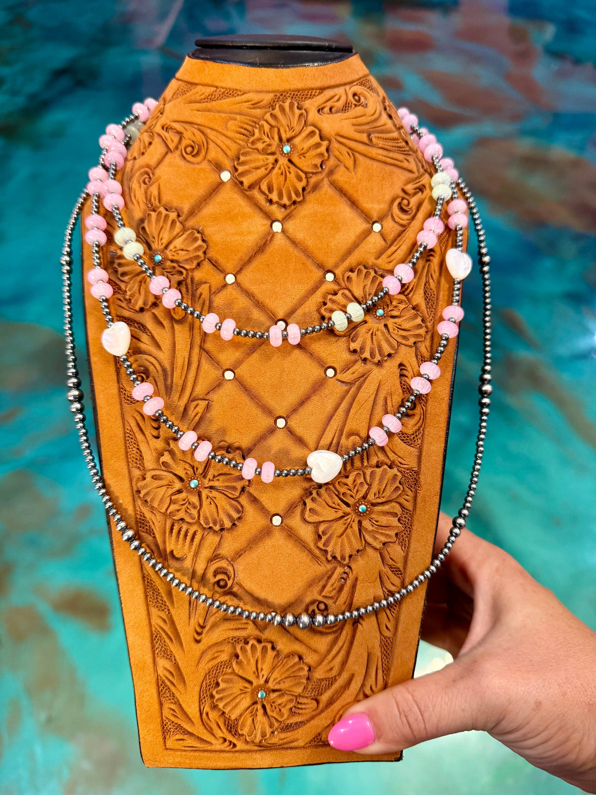One Time Pieces – Pink & Green Glass, White Shell Hearts & Sterling Silver Necklaces