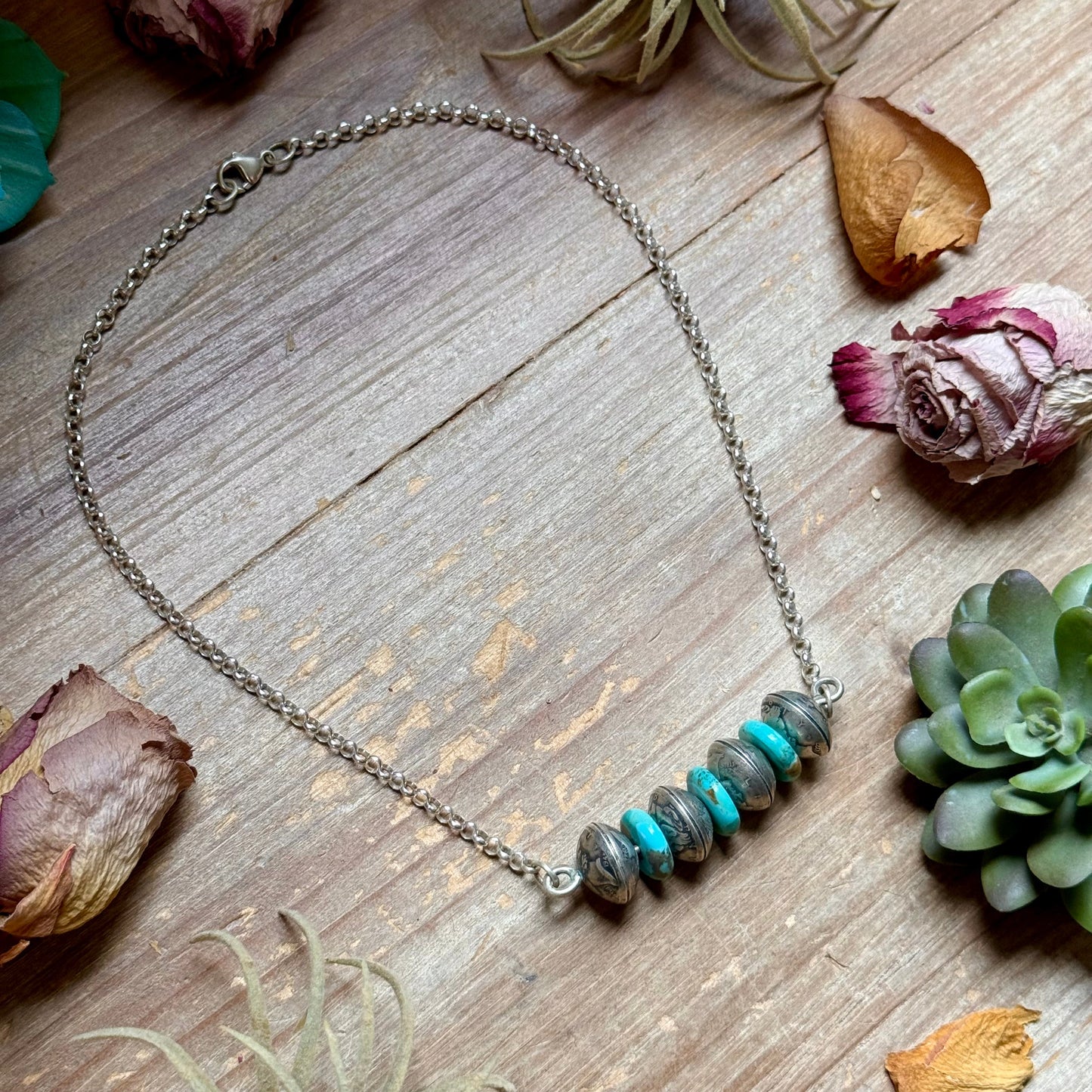 87 - Sterling Silver Kingman Turquoise & Mercury Dime Bar Necklace by Jason Ogg