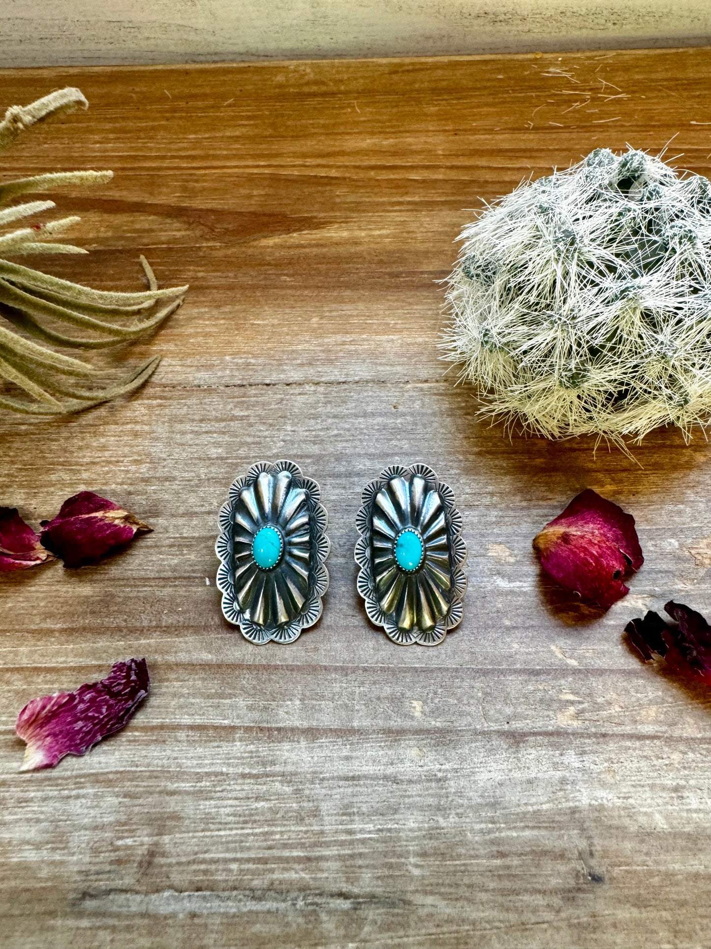 Long Sterling silver stud earrings with kingman turquoise