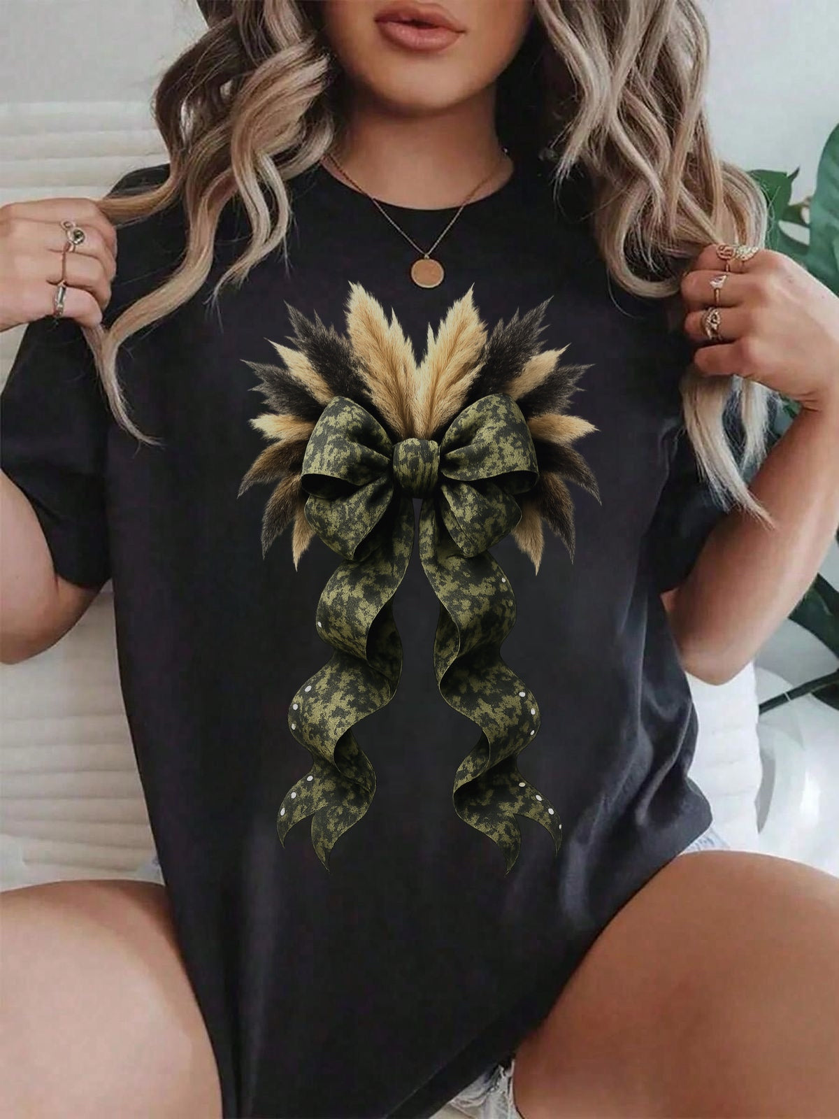 Camo Pampas Bow – Western Pampas Bow Shirt – Graphic Tee, Long Sleeve & Crewneck