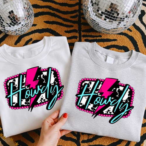 Howdy neon cow print sublimation T-shirt