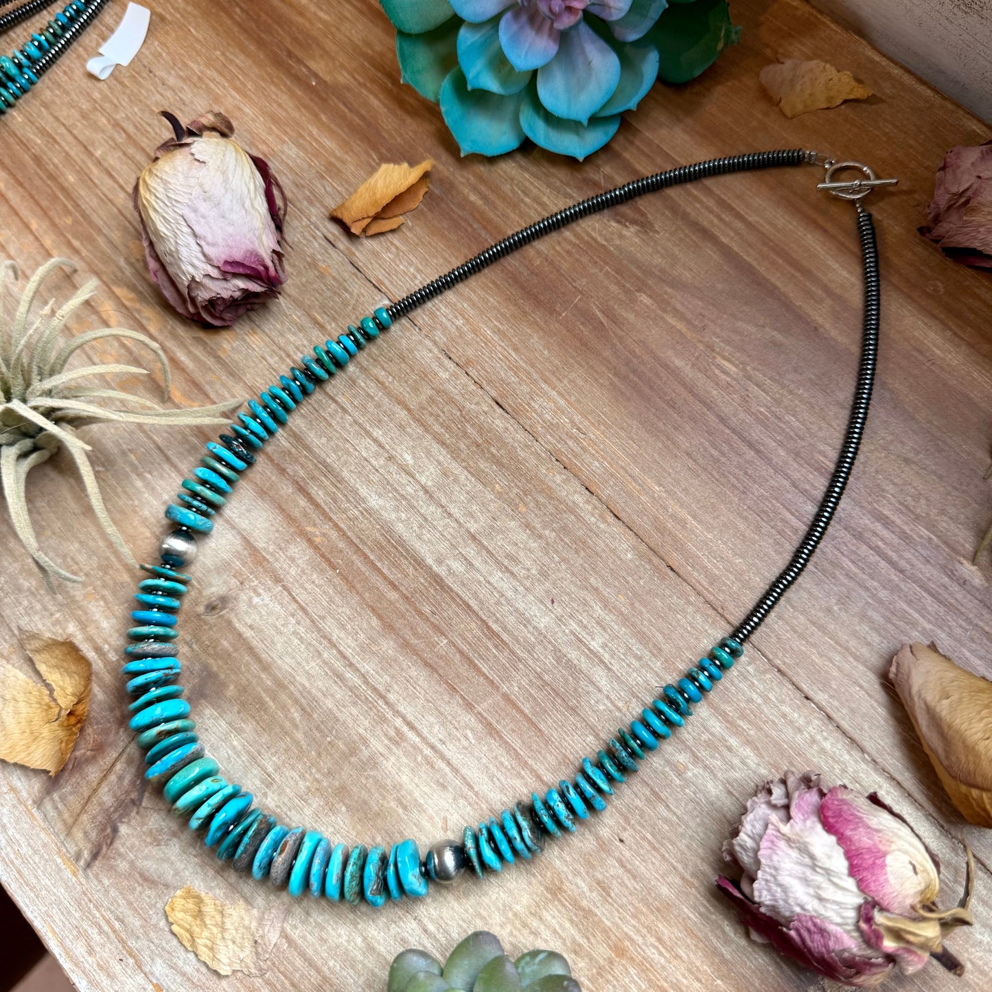 Dark Blue Turquoise Graduated Necklace with Hematite & Sterling Silver Accents – 23”