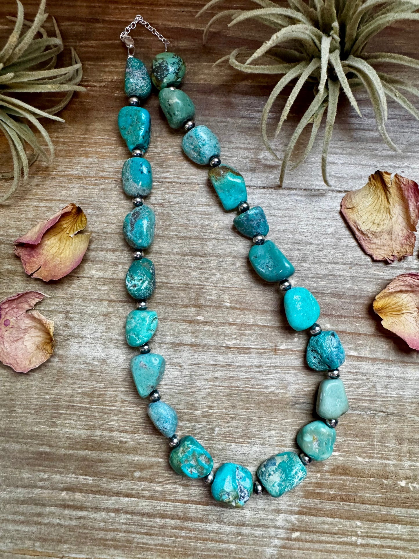 19-Inch Turquoise Nugget Necklace with 4mm Sterling Silver Pearls