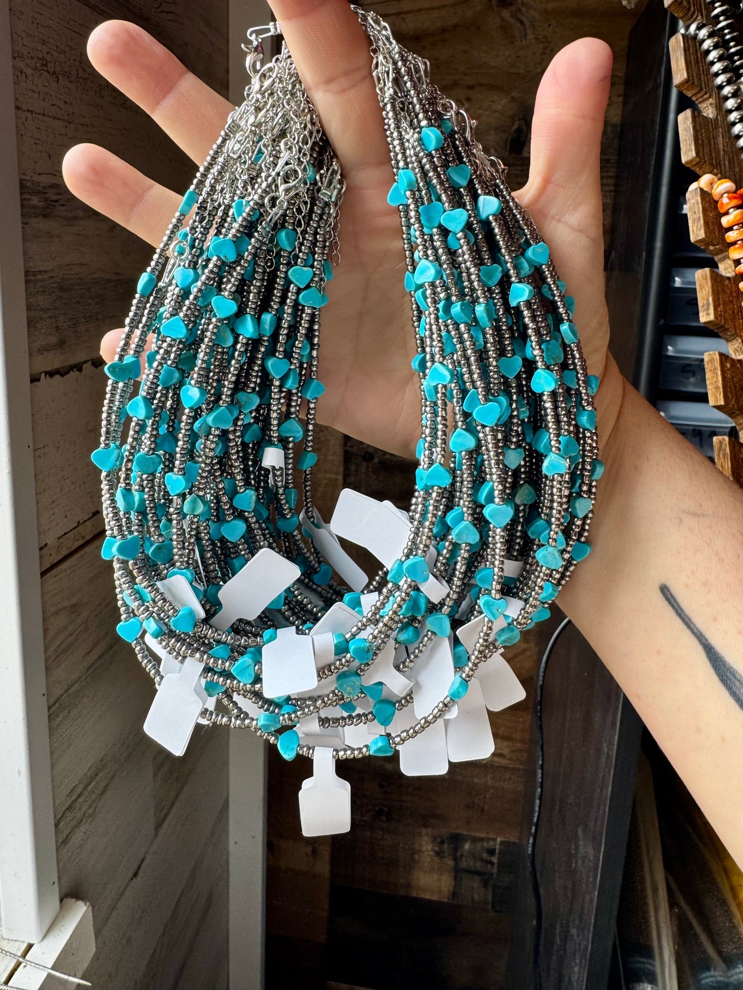 14-Inch Antique Silver Seed Bead Necklace with Turquoise Heart