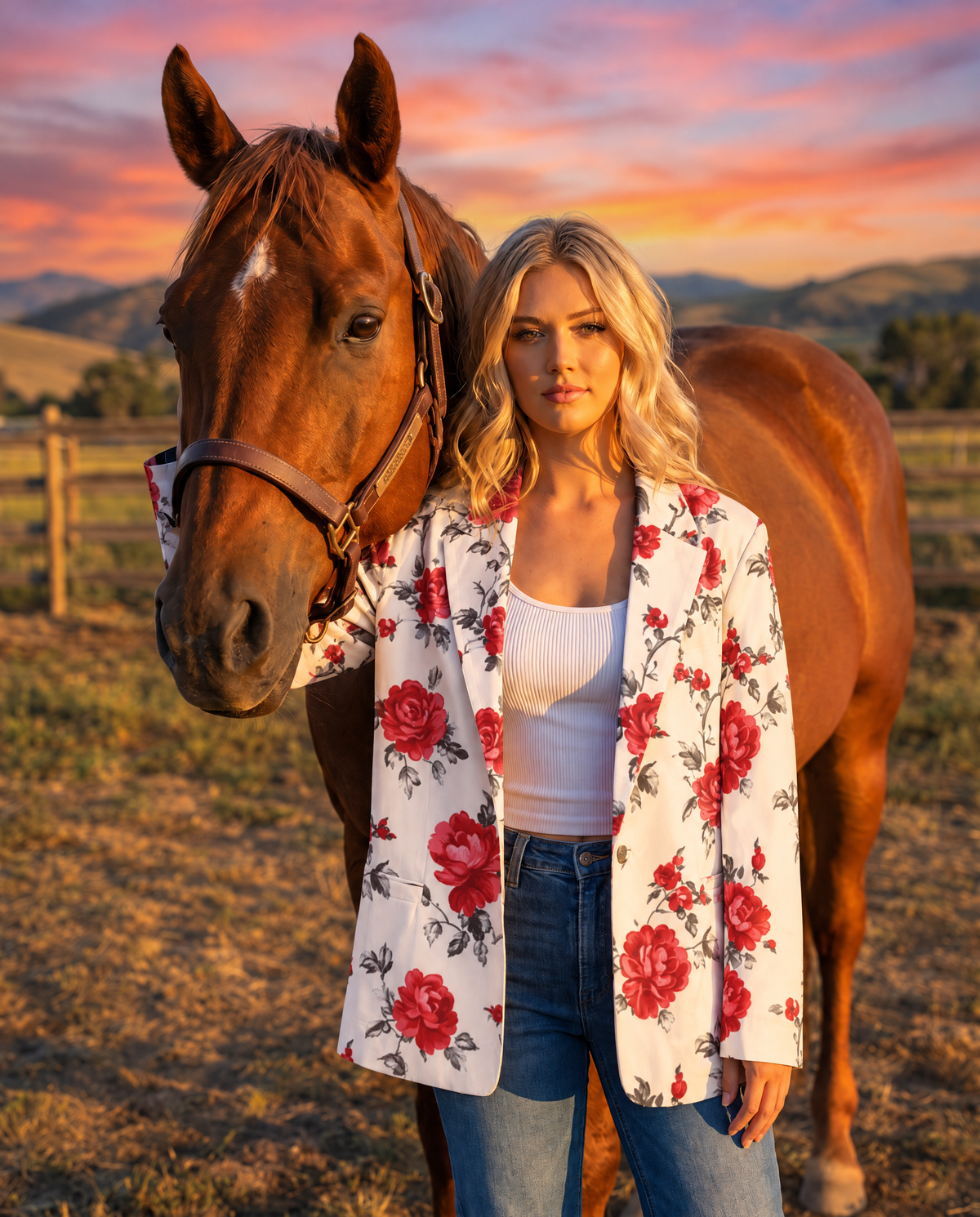 Baha Ranch Mexican Red Rose Floral Blazer
