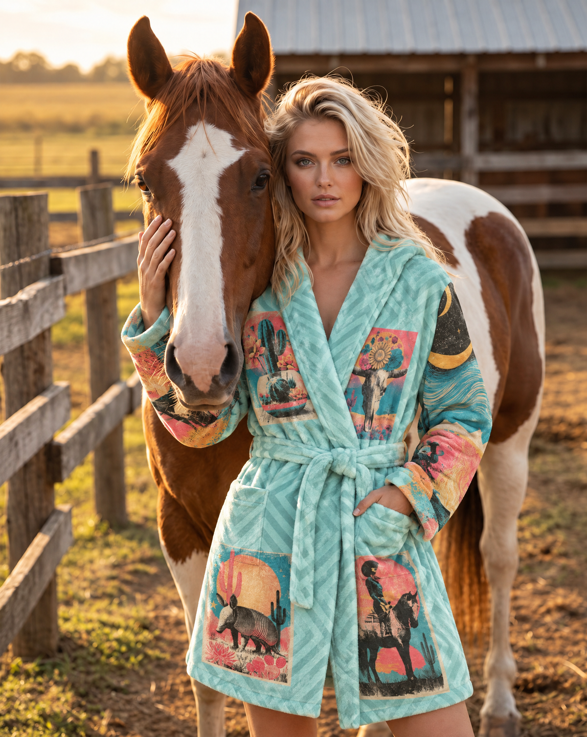 Baha Ranch Honky Tonk Kitsch Cowgal Miky Fleece Plush Robe