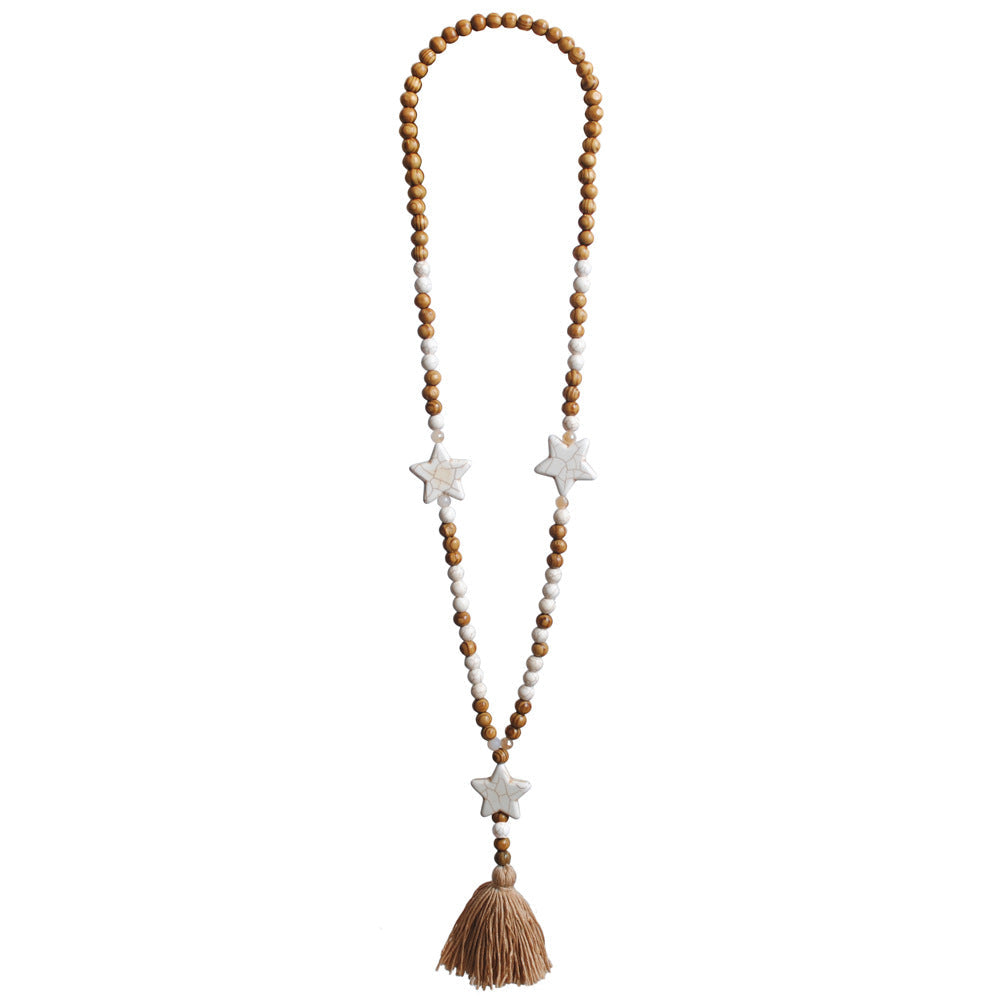 Wooden Beaded Tassel Star Stone Necklace