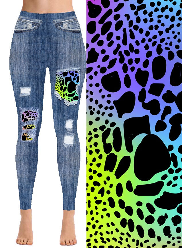 Hidden Cheetah - Faux Denim Leggings with pockets
