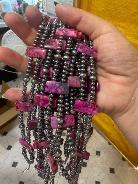 Pink Double Strand Necklace – 13” Beaded – Sterling Silver Pearls & Rectangle Variscite