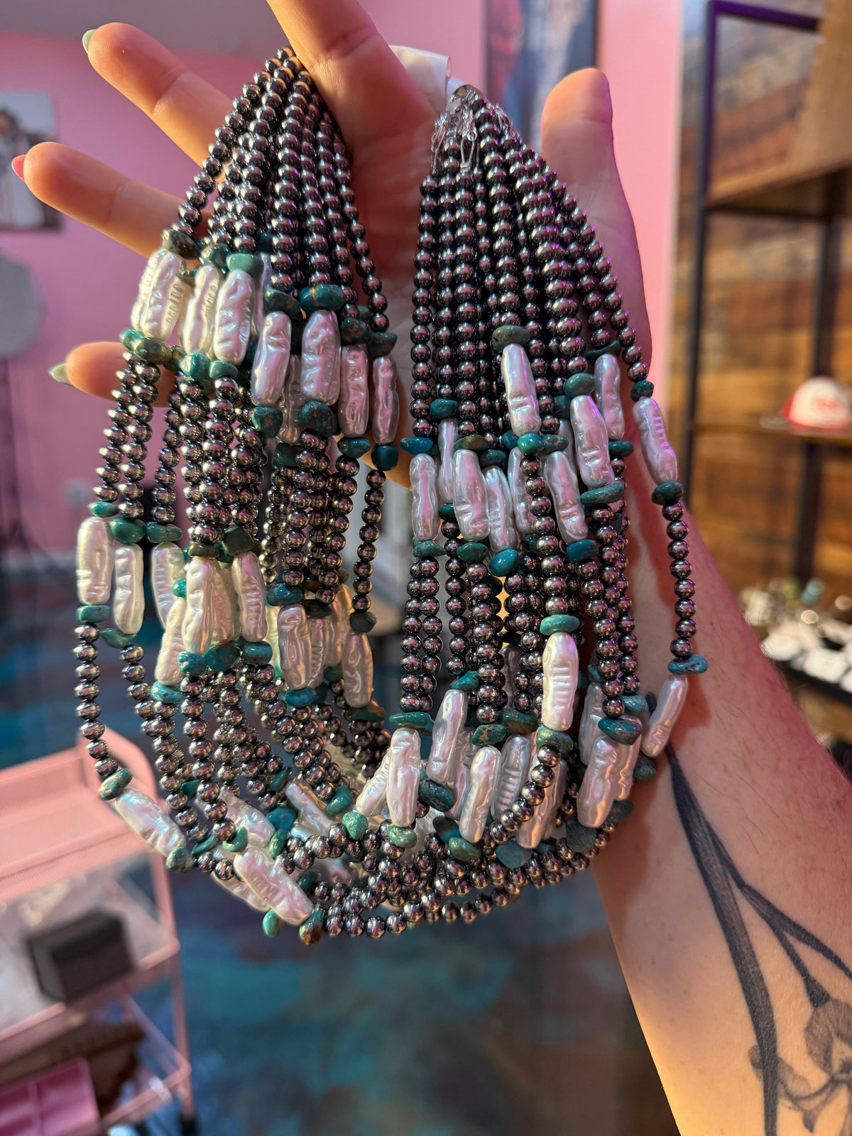 18-Inch Turquoise, White Freshwater Pearl Necklace