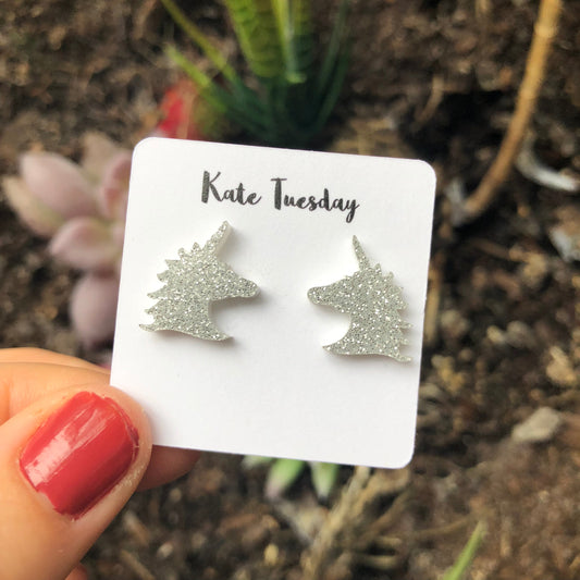 Silver Sparkly Unicorn Head Acrylic Earrings