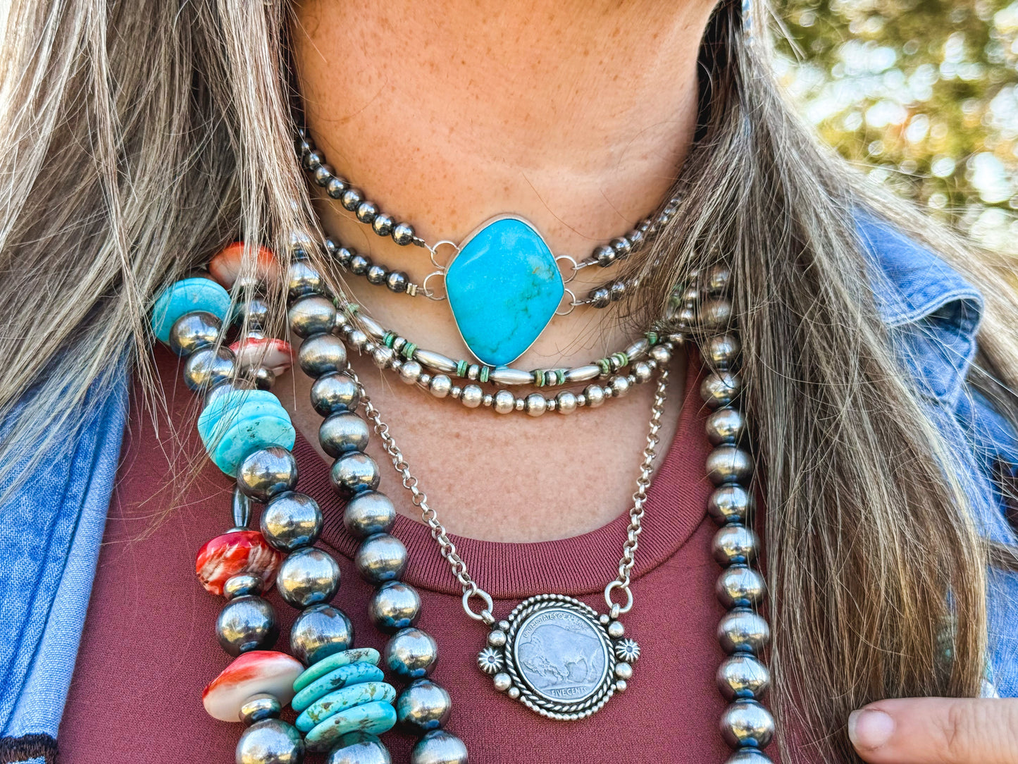 Double Strand Sterling Silver & Turquoise Choker – 13” + Extender – 6 mm Pearls