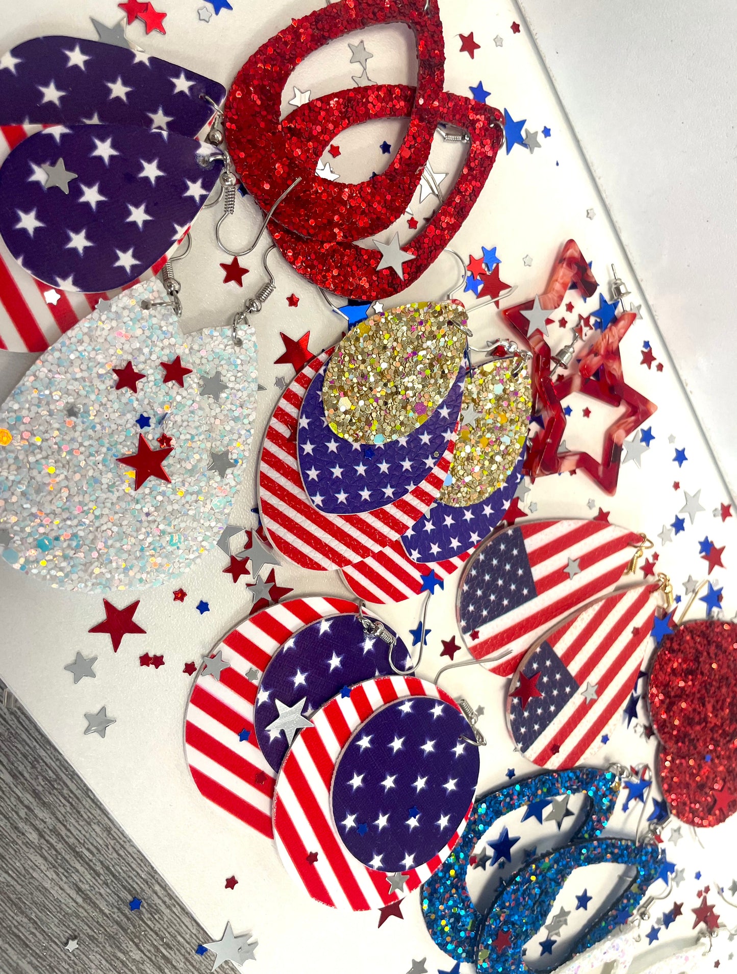 Patriotic Red White Blue Glitter Leather Earrings