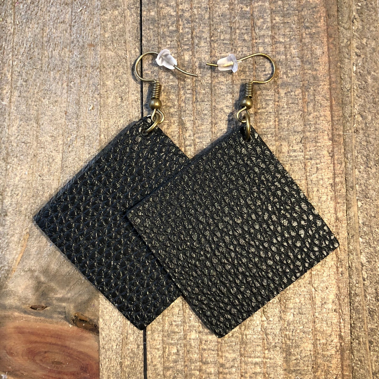 Black Square Leather Teardrop Earrings