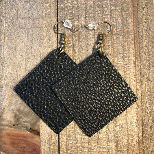 Black Square Leather Teardrop Earrings