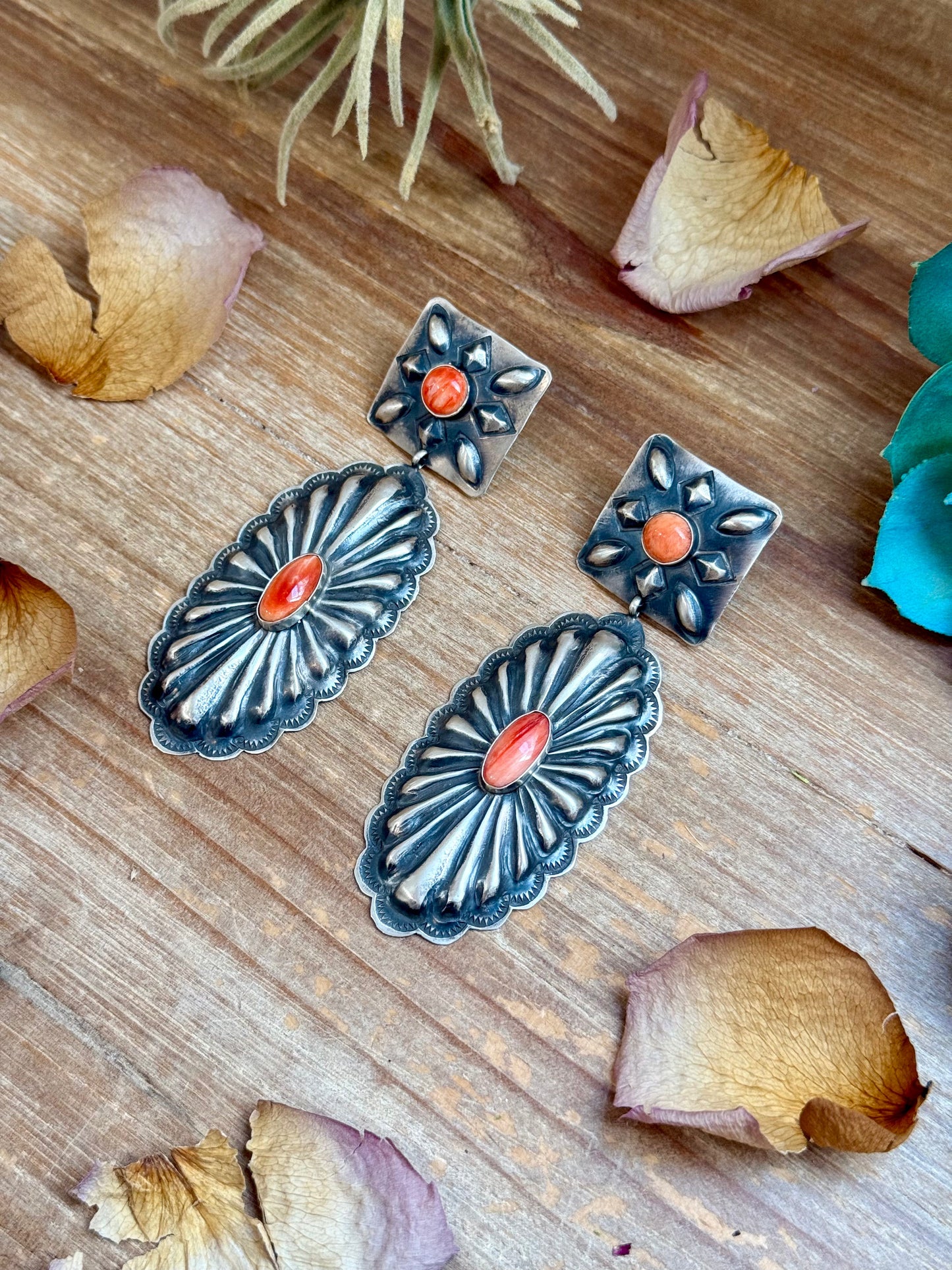 Sterling Silver Orange Spiny Oyster Dangle Earrings – Handmade by Navajo Artist Rita Lee