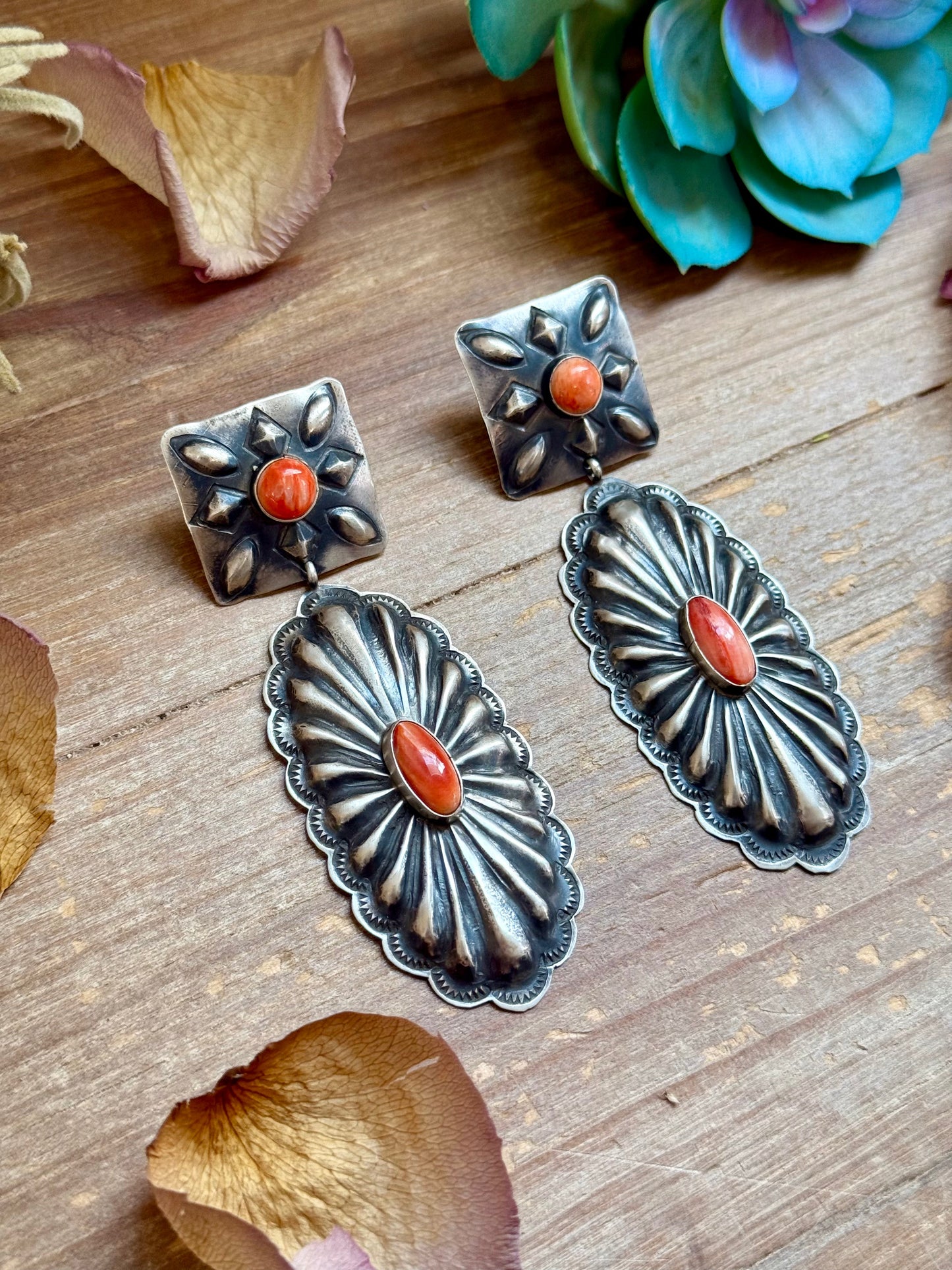 Sterling Silver Orange Spiny Oyster Dangle Earrings – Handmade by Navajo Artist Rita Lee