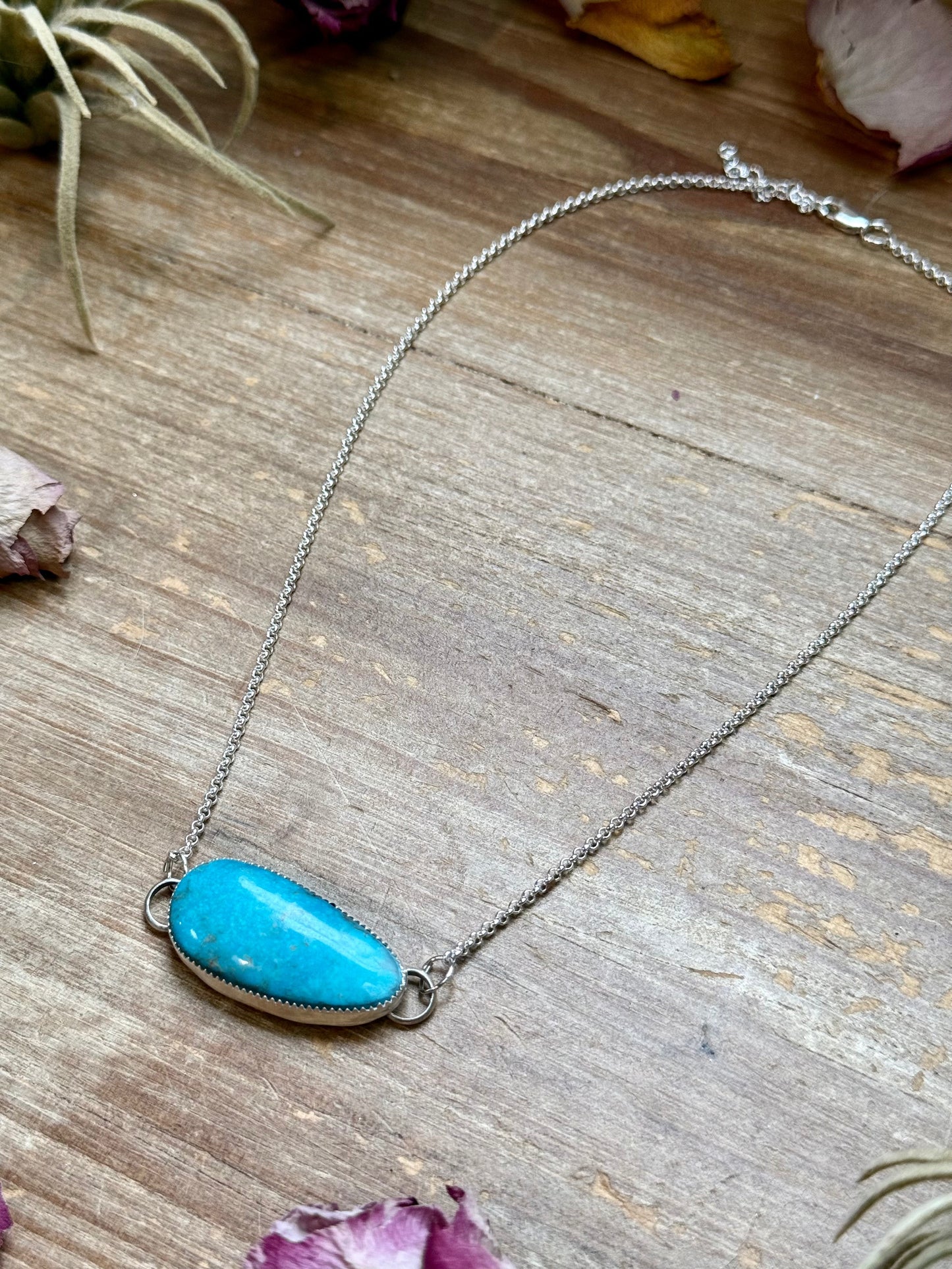 Sterling Silver Chain Necklace with Freeform Turquoise Pendant – 16”