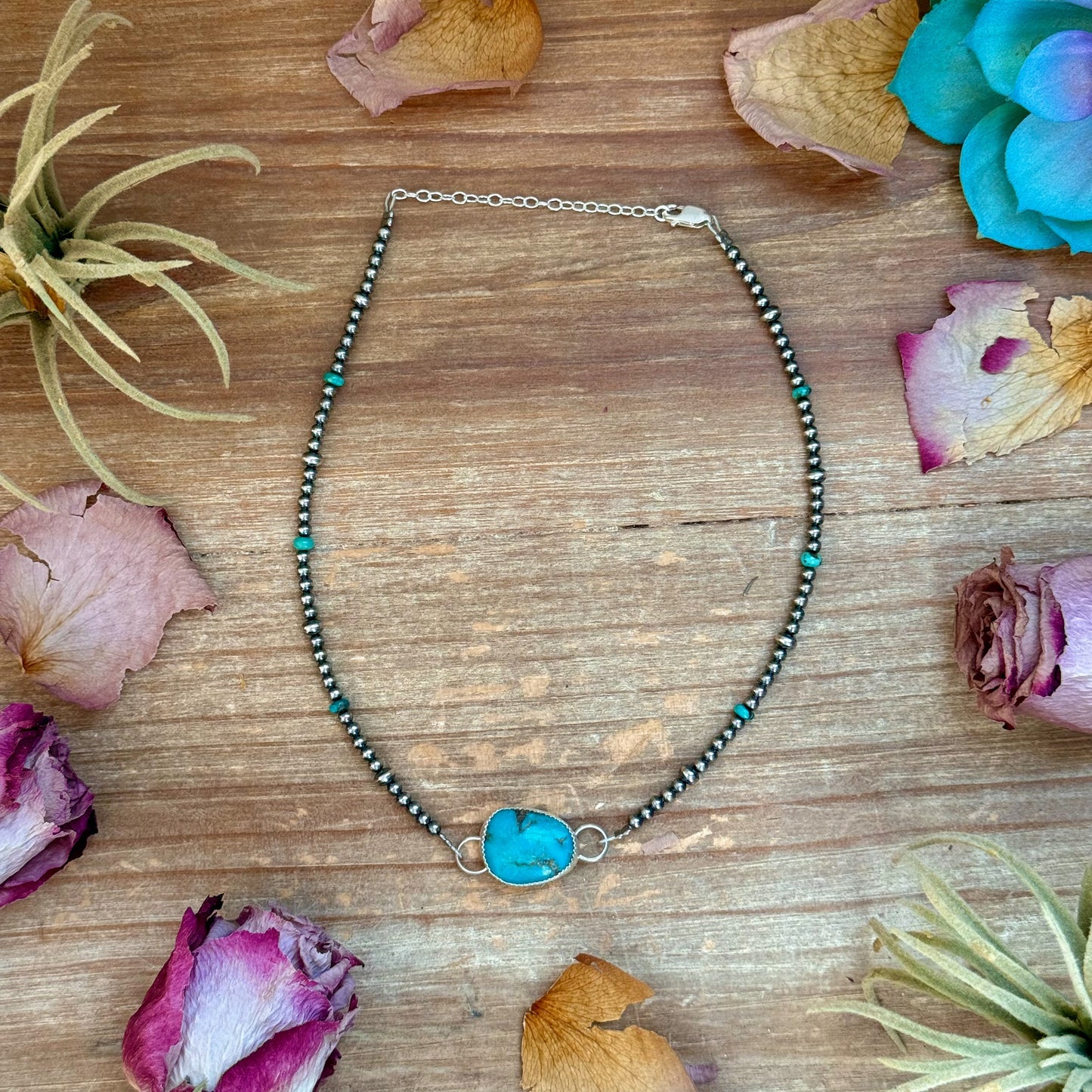 Sterling Silver Pearl & Turquoise Choker – 13” + 2” Extender – In-House Silversmithing – One of a Kind