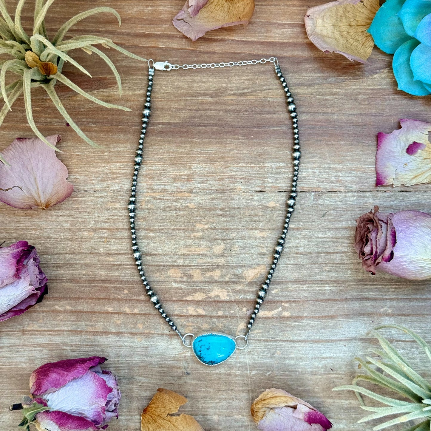 Sterling Silver Pearl & Turquoise Choker – 13” + 2” Extender – In-House Silversmithing – One of a Kind