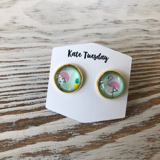 Summer Green Flamingo Stud Earrings
