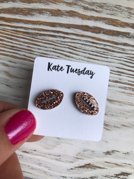 Rose Gold Football Sparkly Stud Acrylic Earrings