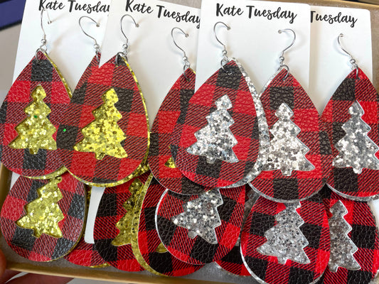 Gold Glitter Tree Plaid Leather Earrings