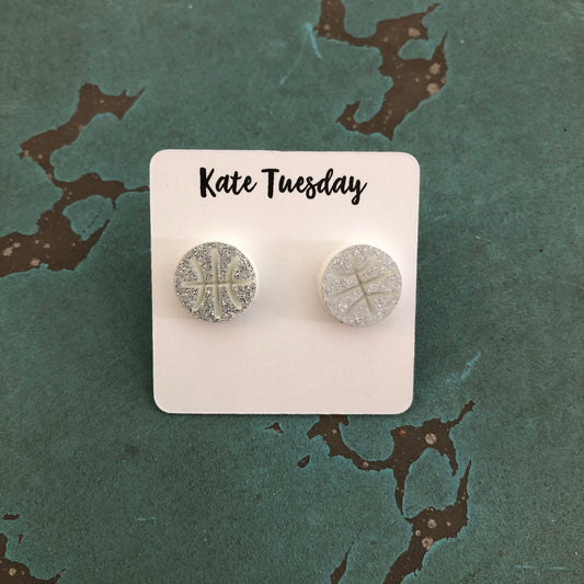 White Silver Glitter Basketball Earrings