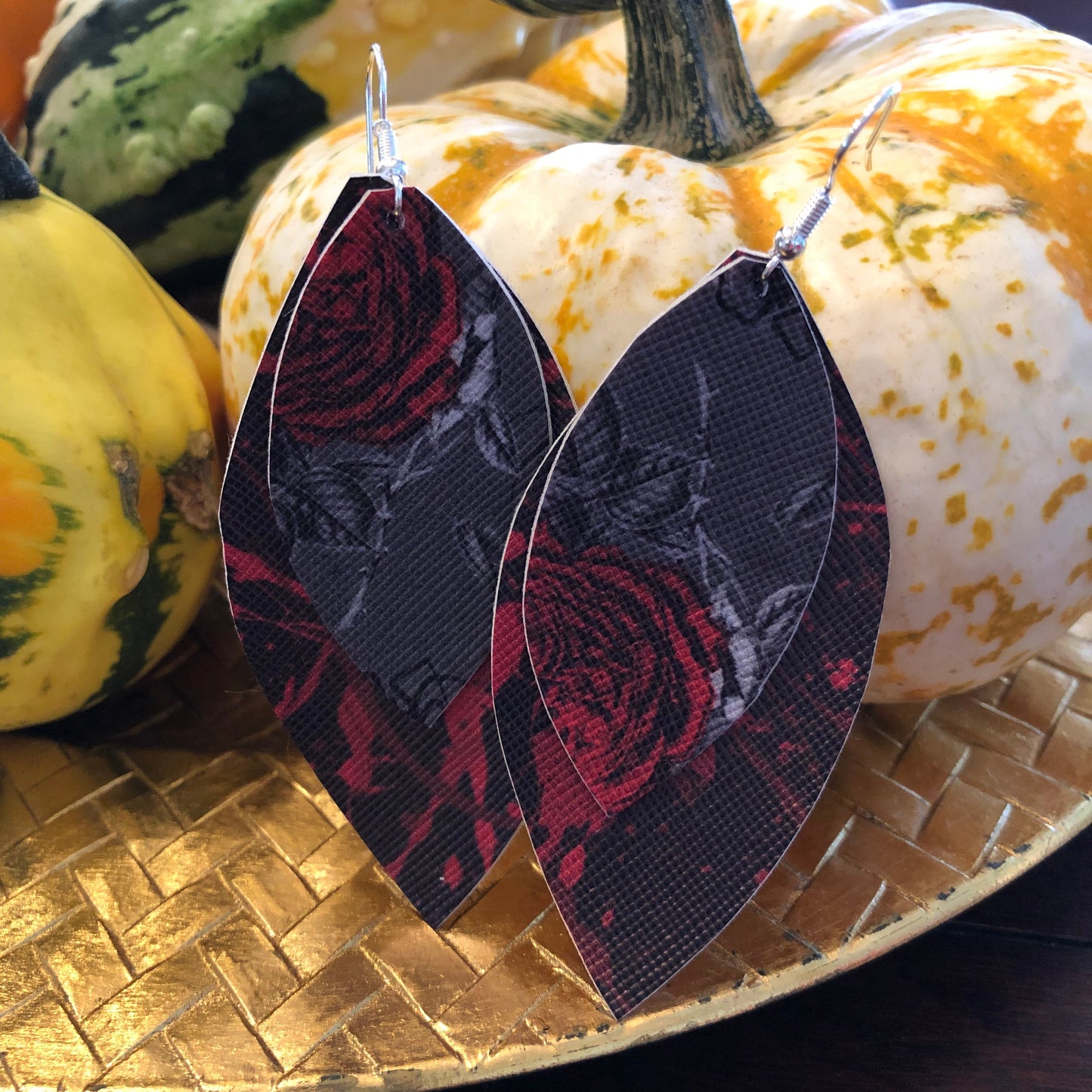 Red Black Rose Halloween Leather Hang Earrings
