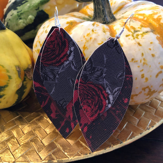 Red Black Rose Halloween Leather Hang Earrings