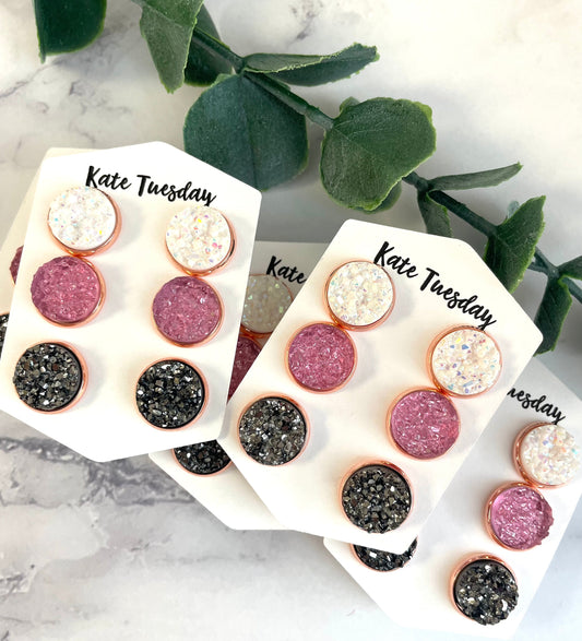 Druzy Triple Set White Pink and Charcoal