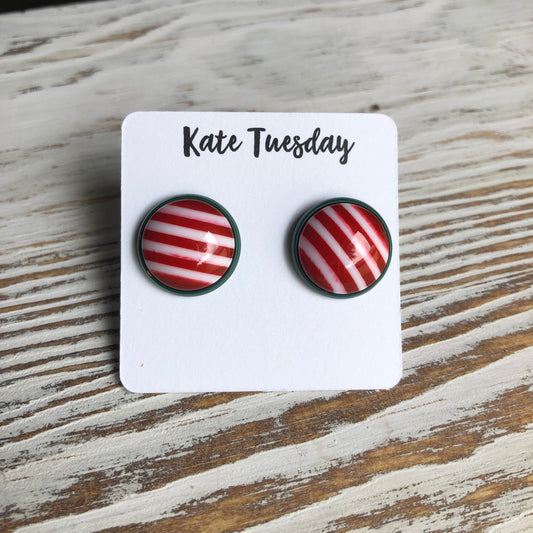 Red White Green Stripe Holiday Christmas Earrings