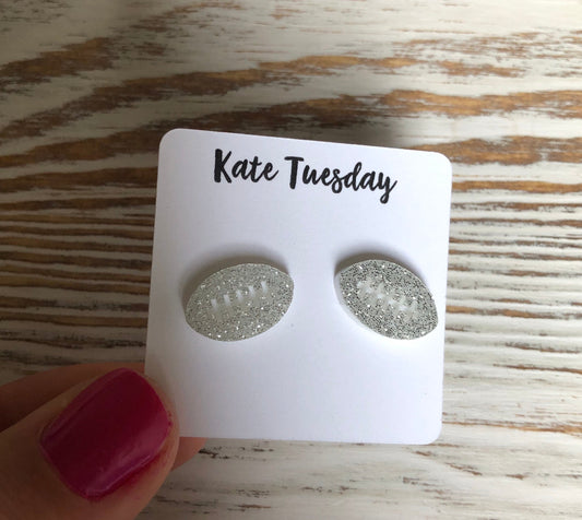 White Glitter Football Sparkly Stud Acrylic Earrings
