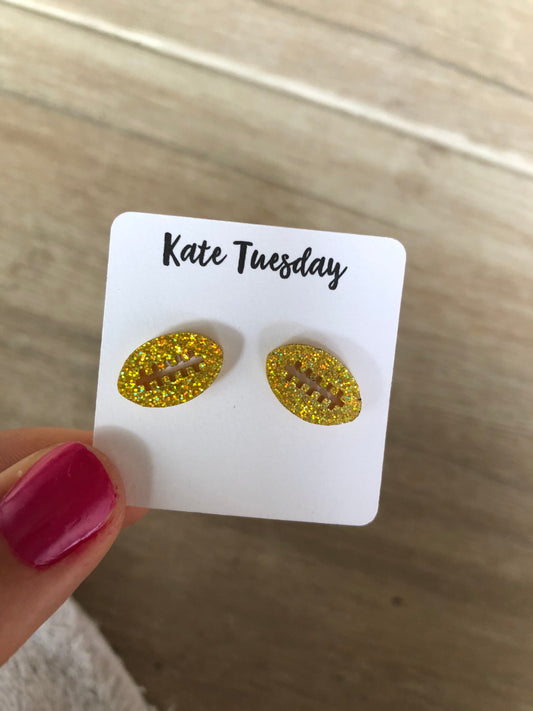 Holographic Gold Glitter Football Sparkly Stud Acrylic Earrings