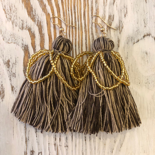Gold + Tan Tassel Gold Beading Hang Earrings