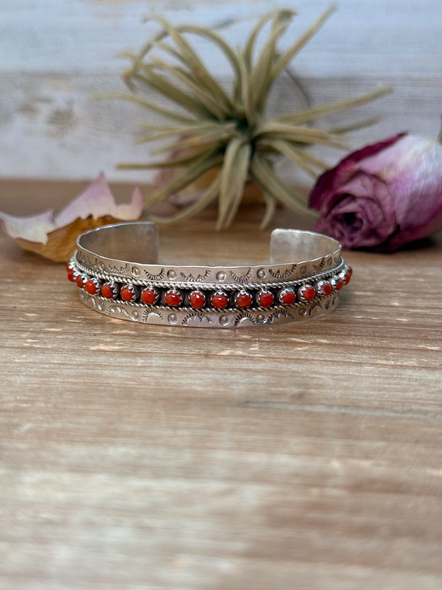 Red Coral Sterling Silver Cuff Bracelet – Stamped JPukestine
