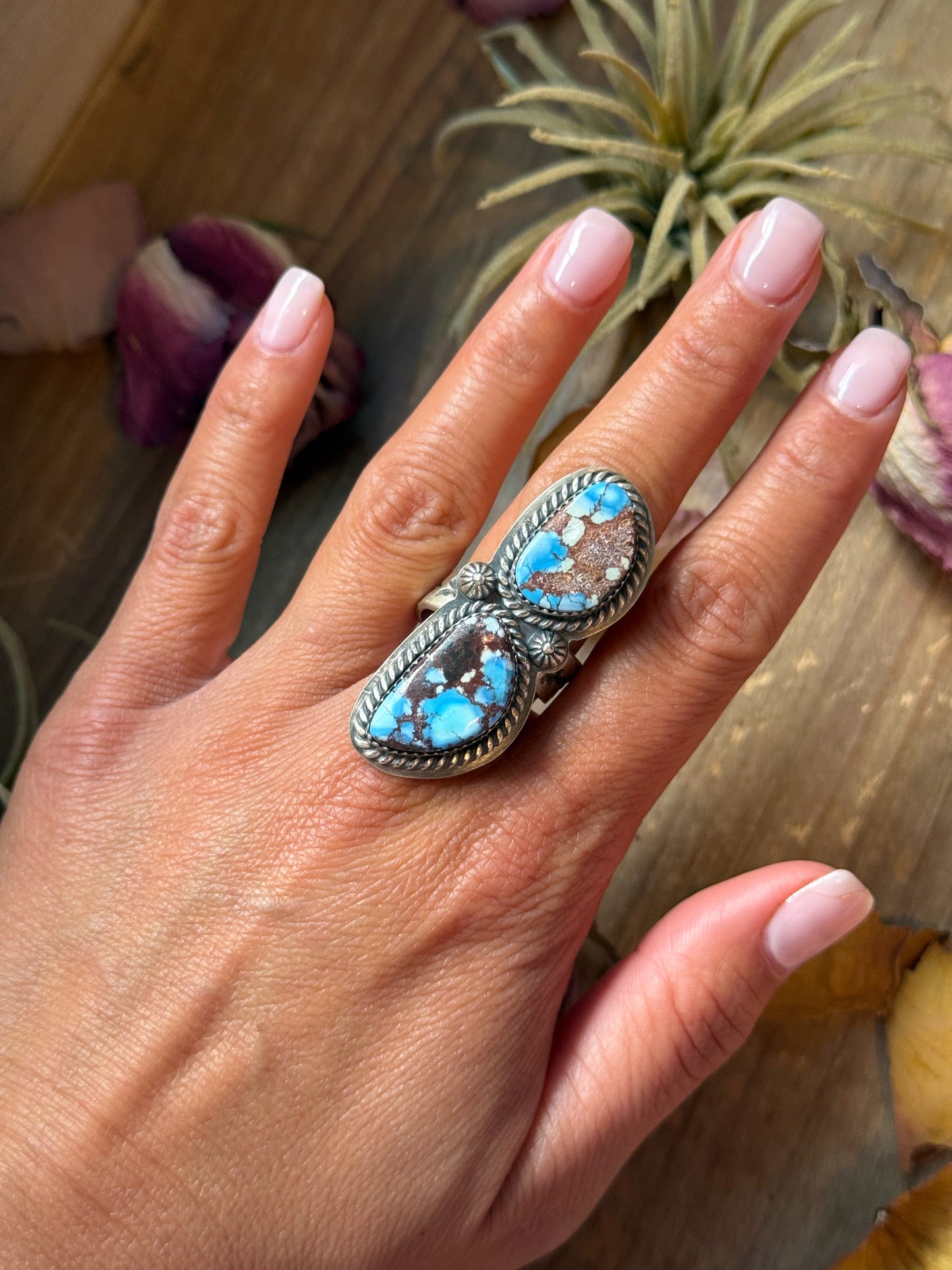 2-Stone Golden Hills Turquoise Sterling Silver Ring – Adjustable