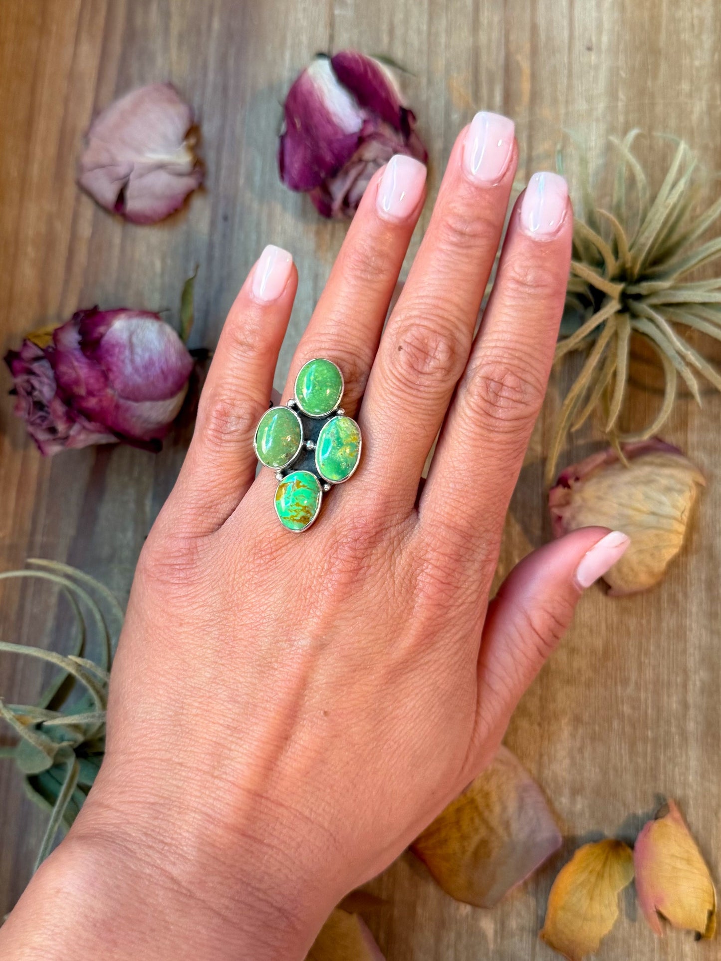 Green Turquoise Sterling Silver Ring – 4-Stone Diamond Shape – Size 6