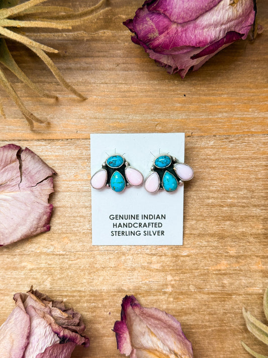 Sterling Silver Pink Conch & Kingman Turquoise Stud Earrings