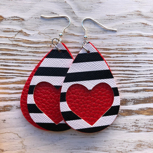 Red Leather Heart Cutout Stripe Leather Earrings