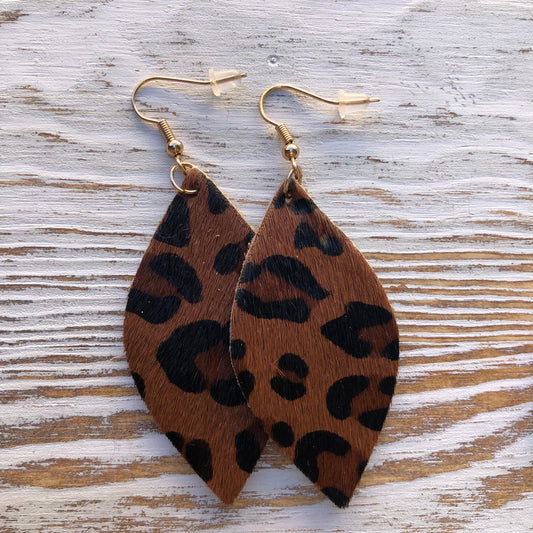 Deep Brown Red Cheetah Leopard Hair on Hide Leather Earrings