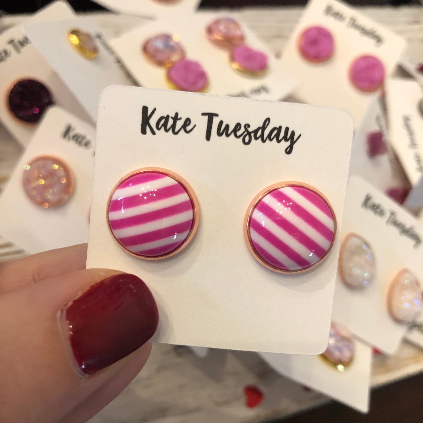 Pink and White Stripe 12mm Earrings