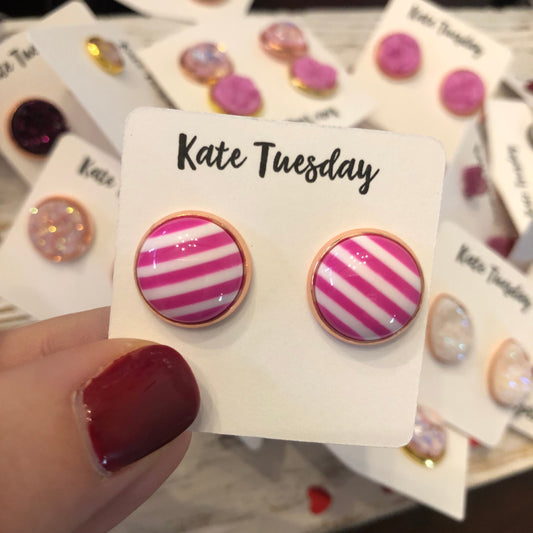 Pink and White Stripe 12mm Earrings